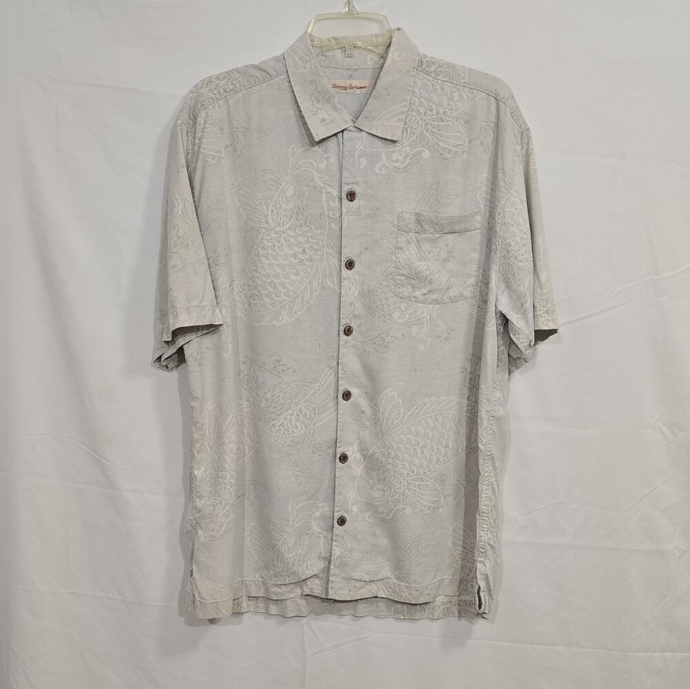 Tommy Bahama Men's L Gray Fish Silk Woven Button-Up Short Sleeve Pockets